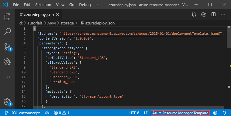 Screenshot che mostra Visual Studio Code nella modalità modello di Azure Resource Manager.