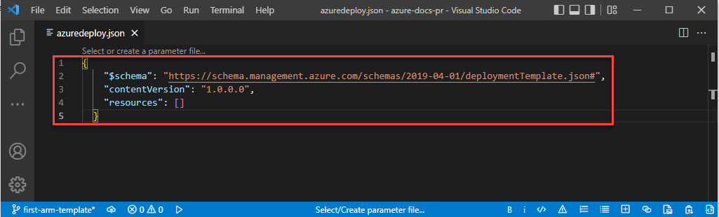 Screenshot di Visual Studio Code che mostra un modello arm vuoto con struttura JSON nell'editor.