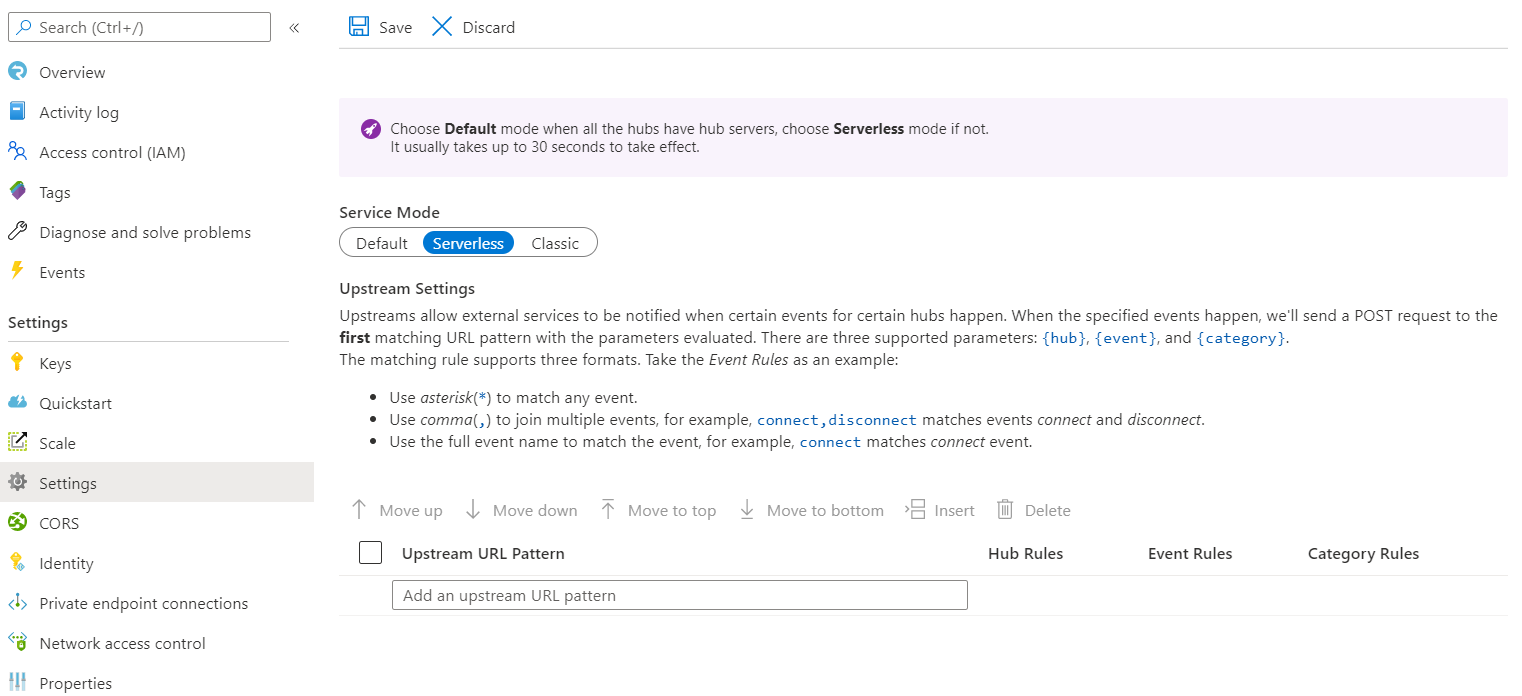 Screenshot delle impostazioni upstream di Azure Servizio SignalR.