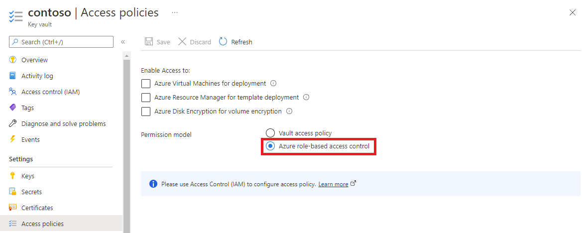 Screenshot del controllo degli accessi in base al ruolo di Azure selezionato come modello di autorizzazione dell'insieme di credenziali.