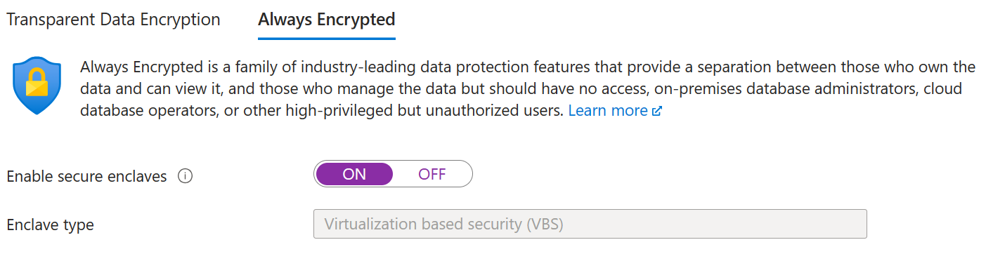 Screenshot dell'abilitazione di una enclave VBS per un database esistente.