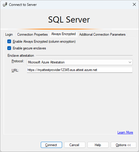 Screenshot della scheda Always Encrypted della finestra di dialogo Connetti al server di SSMS, con attestazione abilitata.