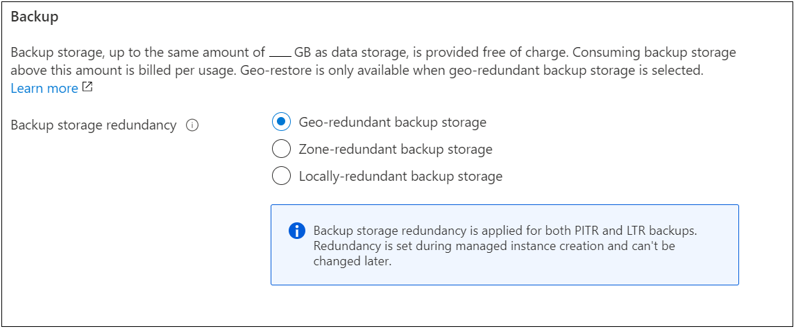 Screenshot della selezione della ridondanza dell'archiviazione di backup nel portale di Azure per un'istanza gestita.