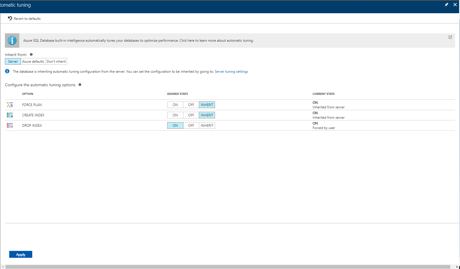 Screenshot che mostra l'ottimizzazione automatica nel portale di Azure, dove è possibile applicare le opzioni per un database singolo.