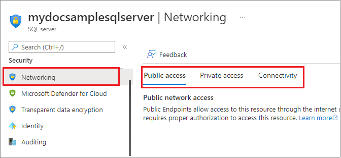 Screenshot delle impostazioni firewall e reti virtuali in portale di Azure per SQL Server.