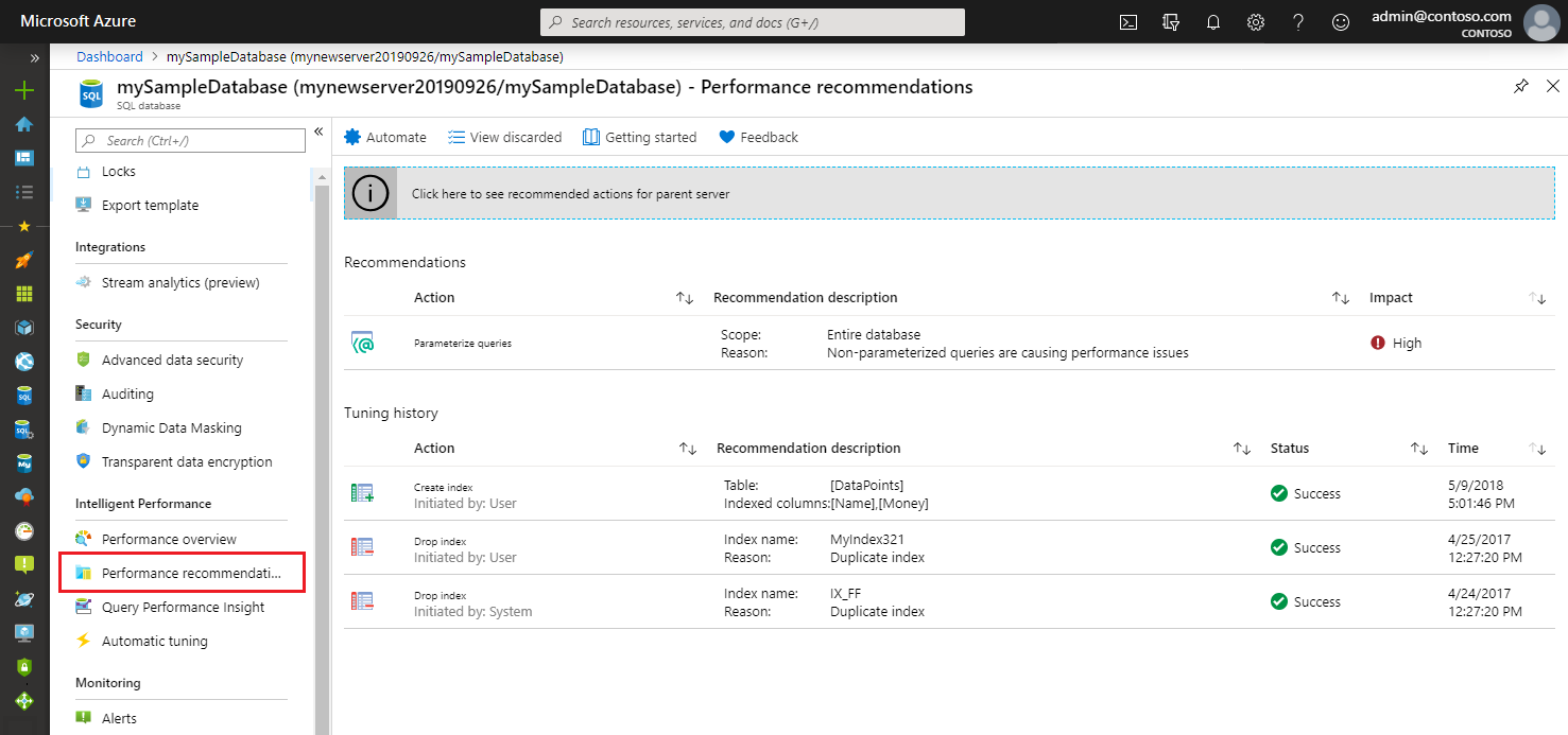 Screenshot del portale di Azure che mostra le raccomandazioni sulle prestazioni di esempio per database SQL di Azure.