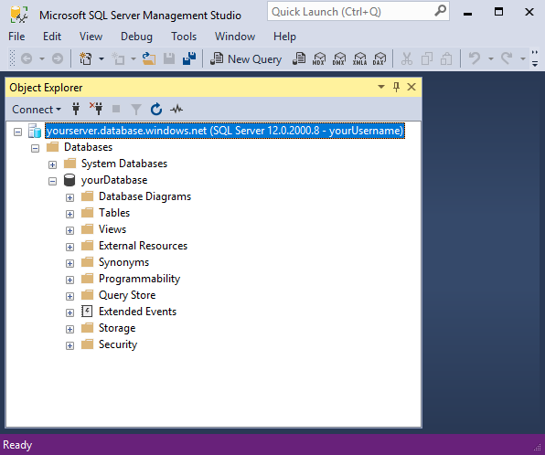 Screenshot di SQL Server Management Studio (SSMS) che mostra gli oggetti di database in Esplora oggetti.