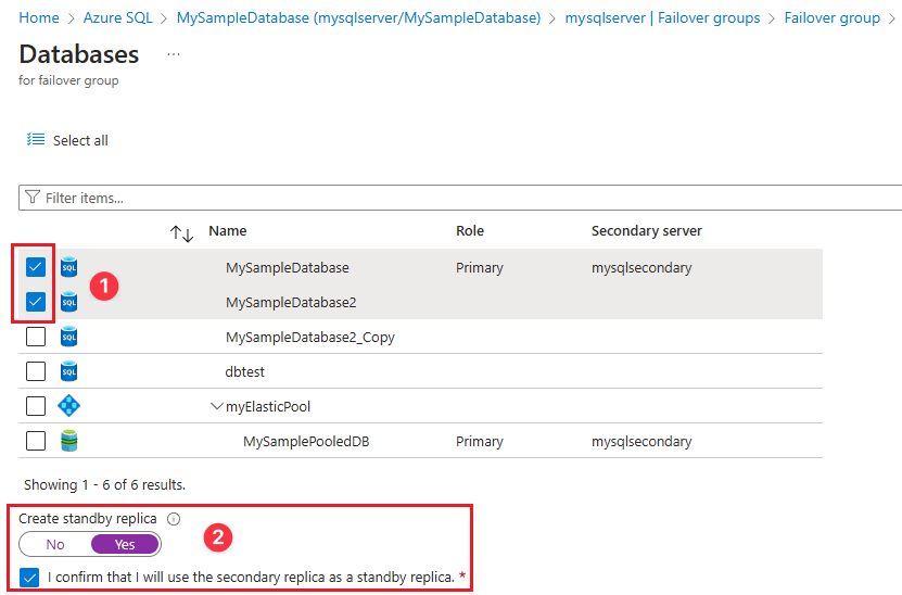 Screenshot del riquadro database per il gruppo di failover nel portale di Azure.