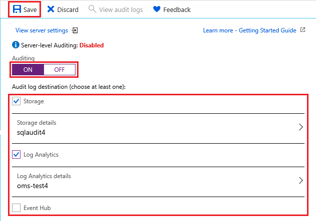 Screenshot della pagina delle impostazioni di controllo del portale di Azure. Il pulsante Salva è evidenziato. I campi di destinazione del log di controllo sono evidenziati.