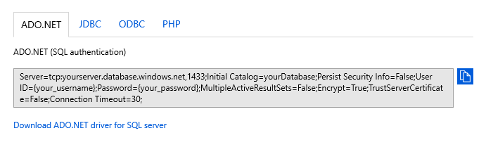 Screenshot del portale di Azure che mostra la pagina della stringa di connessione s. La scheda ADO.NET è selezionata e viene visualizzata la stringa di connessione ADO.NET (autenticazione SQL).