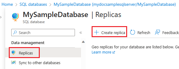 Screenshot della pagina di replica per il database SQL nel portale di Azure.