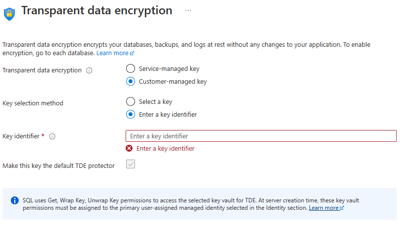 Screenshot della configurazione di TDE tramite un identificatore chiave.