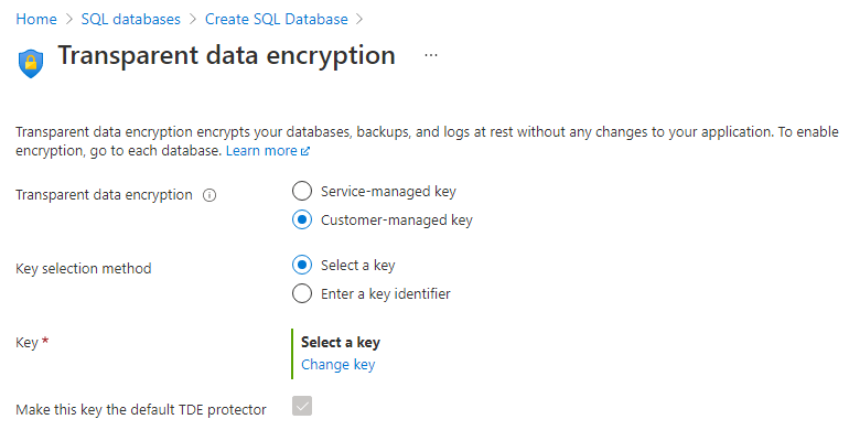 Screenshot della configurazione di TDE per il server in Azure SQL.