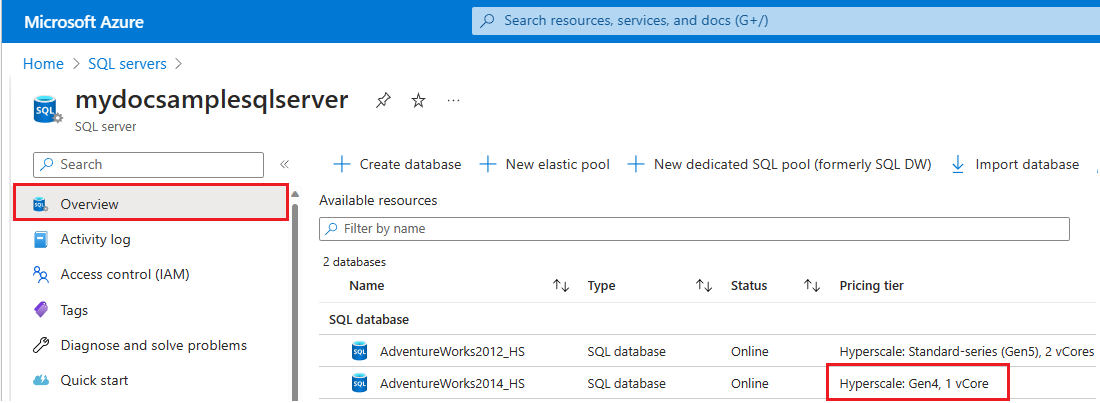 Screenshot della pagina Panoramica per un server logico in Azure, la pagina di panoramica selezionata e gen4 evidenziata. 