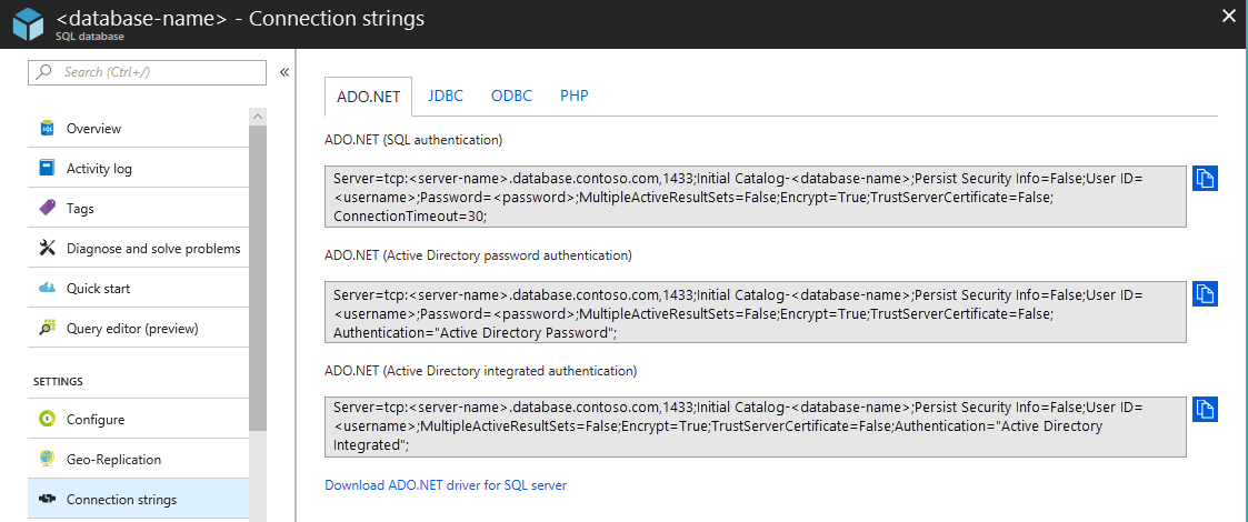 Copiare la stringa di connessione ADO per il database