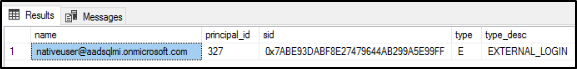 Screenshot della scheda Risultati in Esplora oggetti di SSMS che mostra i parametri name, principal_id, sid, type e type_desc dell'account di accesso appena aggiunto.