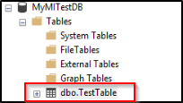 Screenshot di Esplora oggetti in SSMS che mostra la struttura delle cartelle per le tabelle in MyMITestDB. La cartella dbo.TestTable è evidenziata.