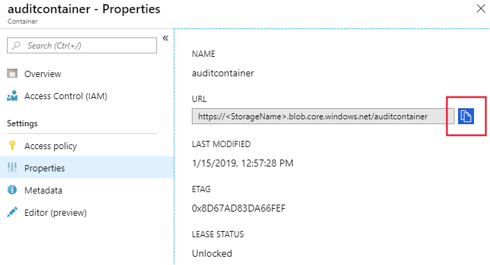 Screenshot che mostra l'URL di copia del contenitore BLOB.