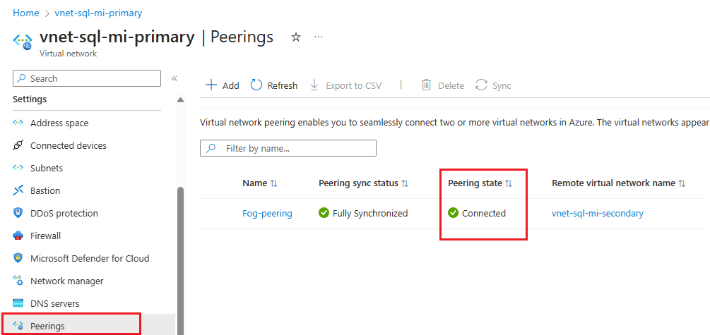 Screenshot dello stato del peering di reti virtuali nella pagina peering del portale di Azure.