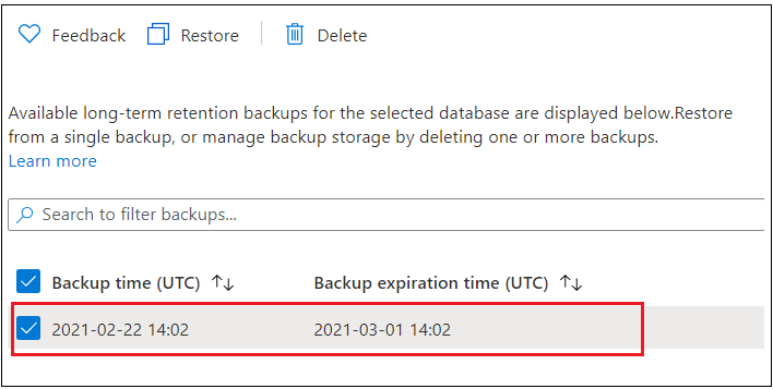 Screenshot del portale di Azure che mostra la pagina per visualizzare i backup.