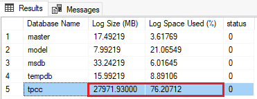 Screenshot con i risultati del comando che mostra le dimensioni e lo spazio del file di log usati