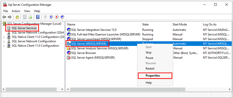 Screenshot che mostra Gestione configurazione SQL Server, con selezioni per l'apertura delle proprietà per il servizio.