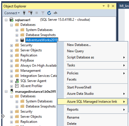 Screenshot che mostra l'opzione di collegamento Istanza gestita di SQL di Azure nel menu di scelta rapida.