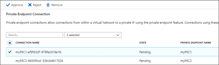 Screenshot del portale di Azure, una connessione all'endpoint privato selezionata per l'approvazione.