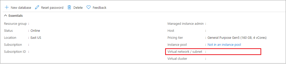 Screenshot che mostra la pagina di configurazione della rete virtuale in cui è possibile trovare il valore della rete virtuale o della subnet.