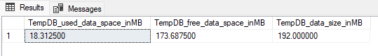 Screenshot del risultato della query in SSMS che mostra lo spazio utilizzato e disponibile nel file di dati tempdb.
