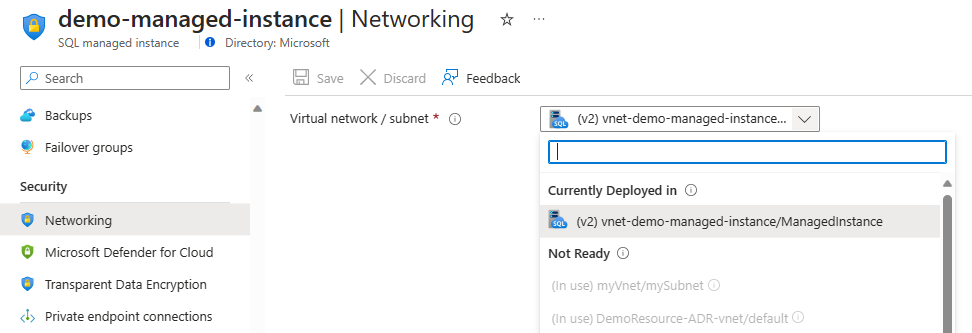 Screenshot delle opzioni della subnet Istanza gestita di SQL di Azure.