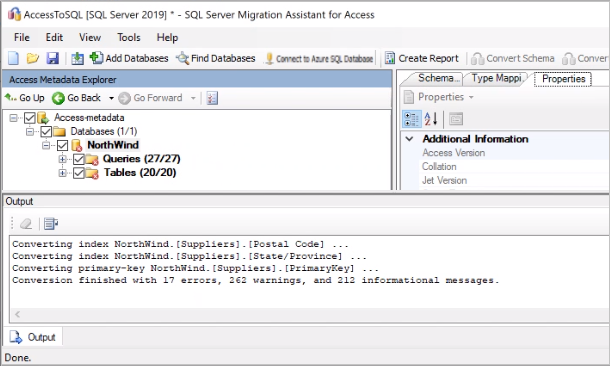 Screenshot che mostra che gli oggetti in Access Metadata Explorer sono stati convertiti.