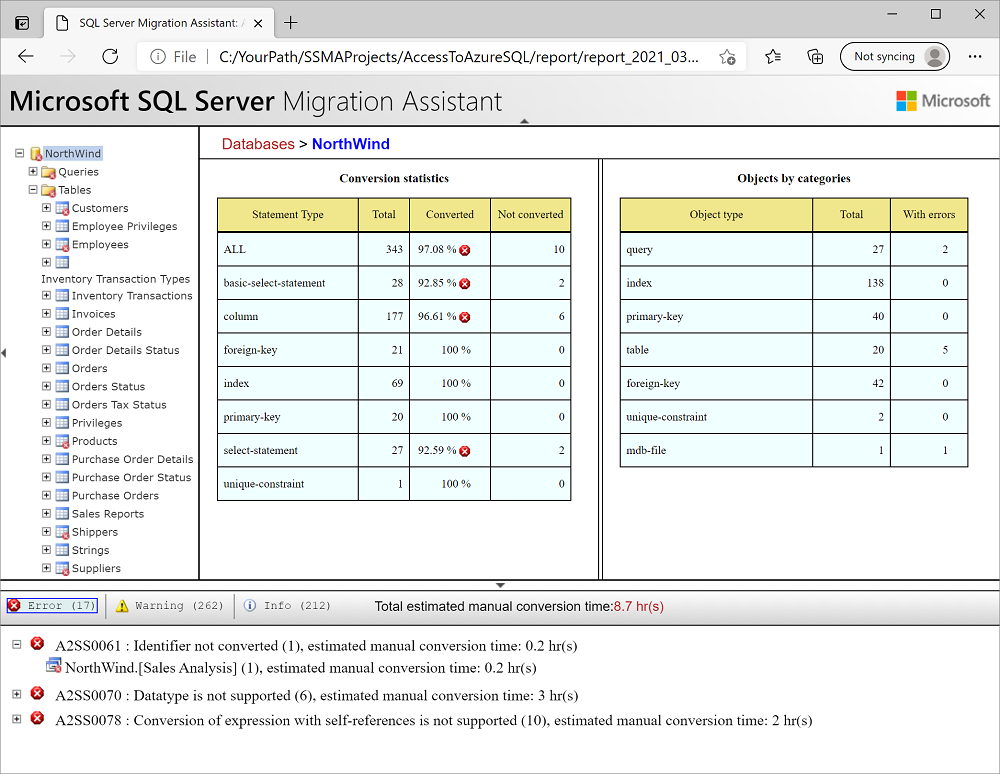 Screenshot di una valutazione del report del database di esempio in SSMA.