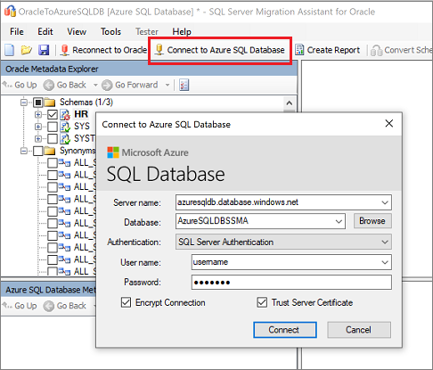 Screenshot che mostra Connetti al database SQL di Azure.