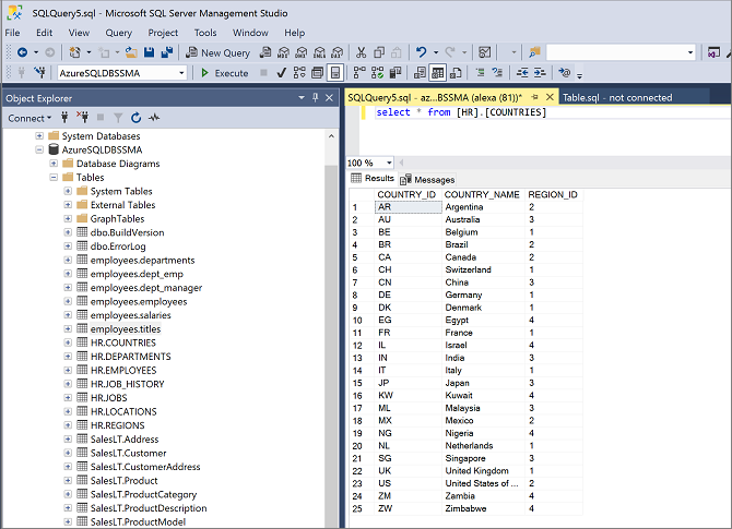 Screenshot che mostra la convalida in SQL Server Management Studio.