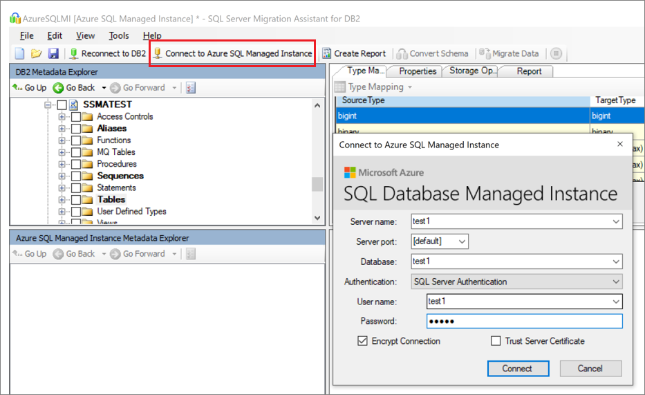 Screenshot che mostra le informazioni dettagliate necessarie per connettersi a SQL Server.