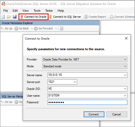 Screenshot che nostra la finestra di dialogo Connetti a Oracle.