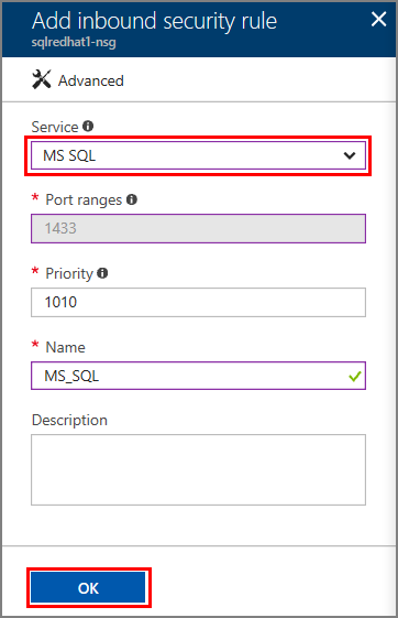 Regola del gruppo di sicurezza per MS SQL