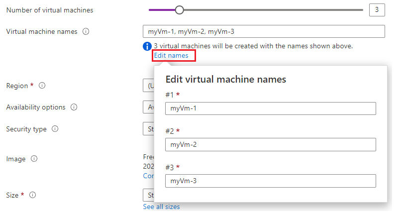 Screenshot del portale di Azure che mostra un dispositivo di scorrimento per la selezione del numero di macchine virtuali, insieme all'opzione per la modifica dei nomi.