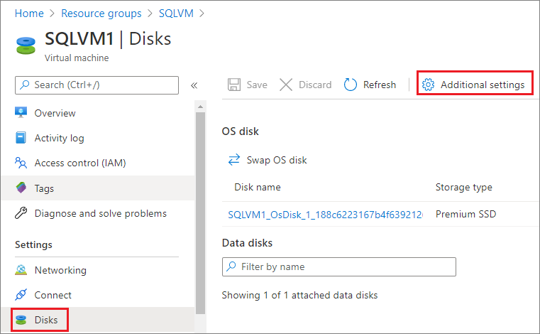 Selezionare Impostazioni aggiuntive per Dischi in Impostazioni nel portale di Azure