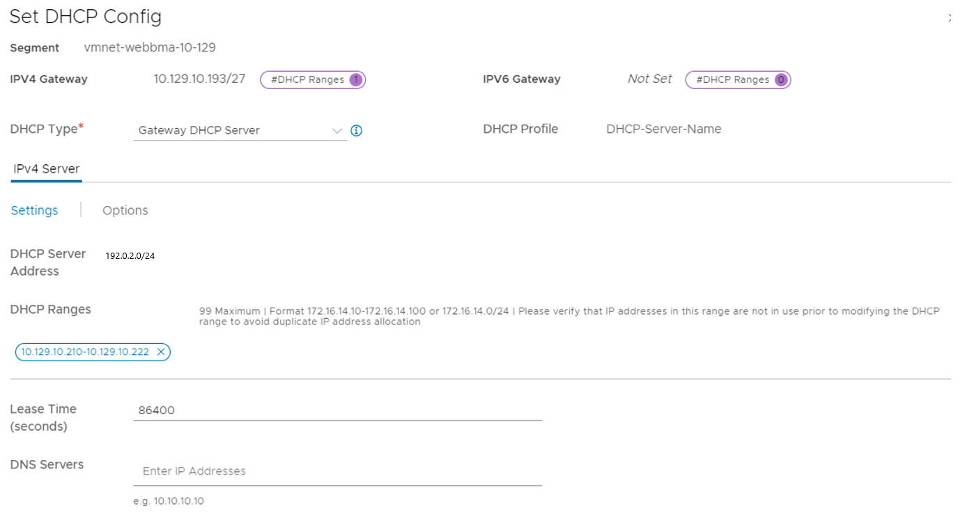 Screenshot che mostra come aggiungere una subnet al gateway di livello 1 NSX per l'uso di un server DHCP.