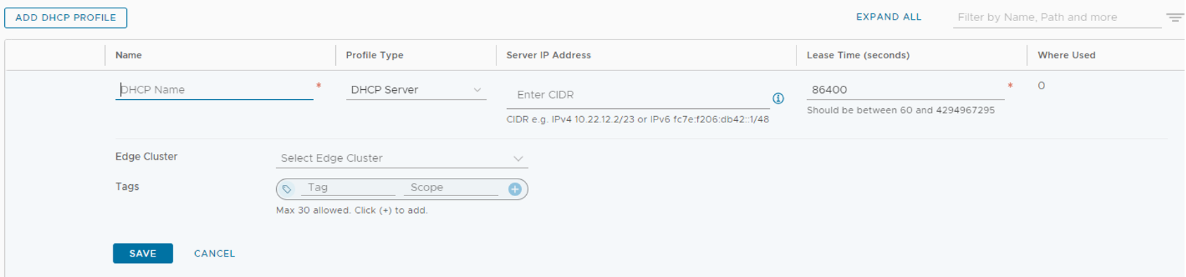 Screenshot che mostra come aggiungere un profilo DHCP in NSX Manager.