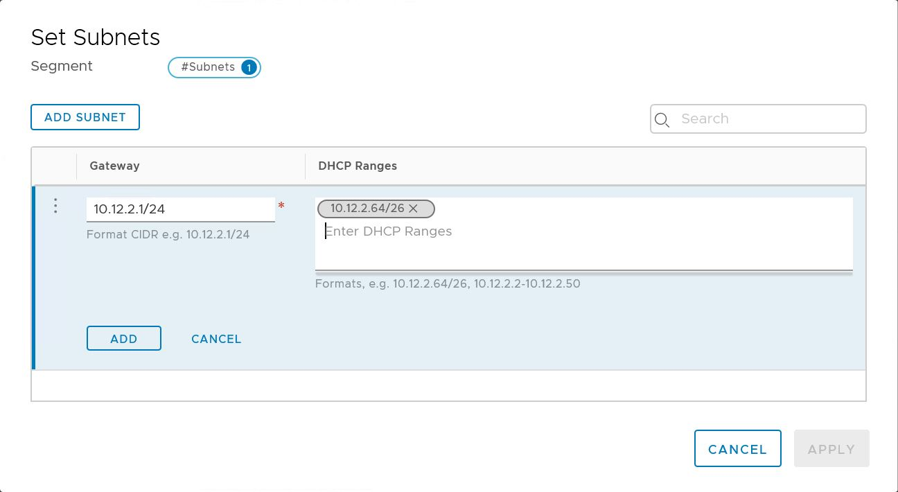 Screenshot che mostra l'indirizzo IP del gateway e gli intervalli DHCP per l'uso di un server DHCP.