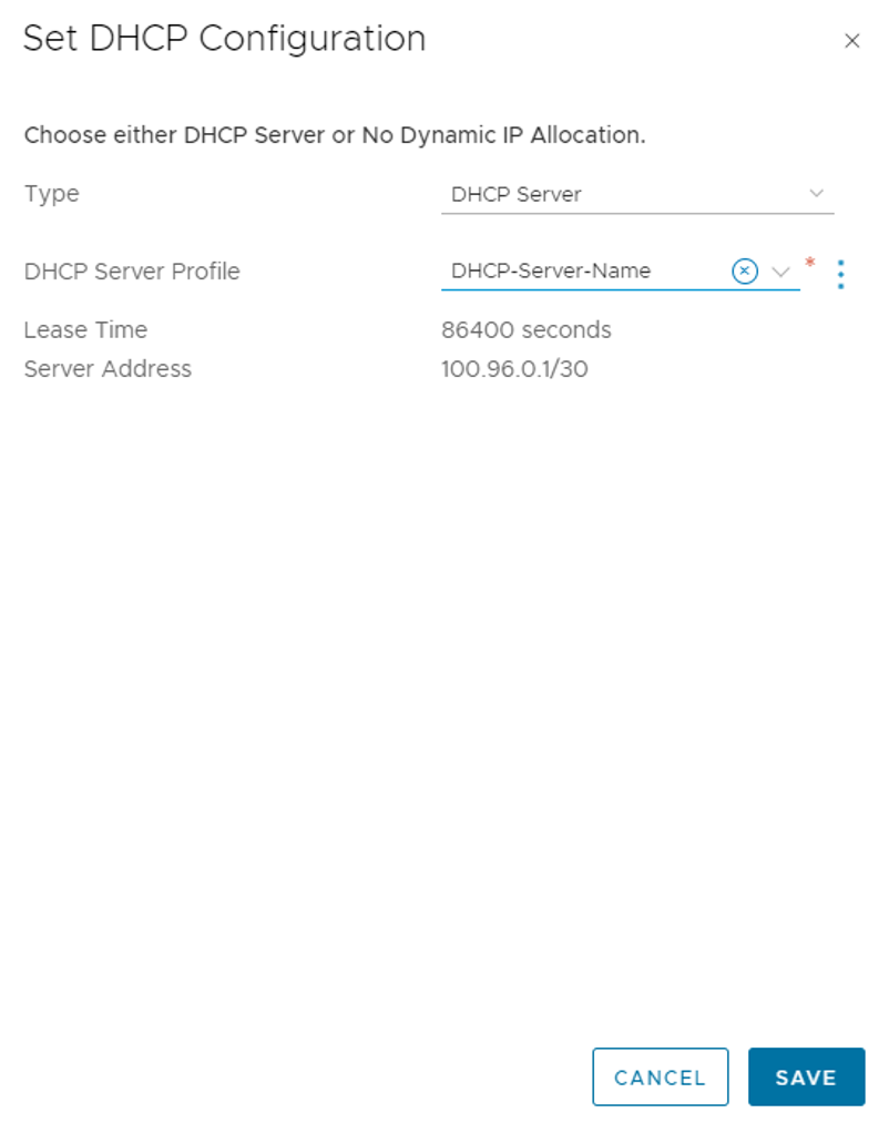 Screenshot che mostra come modificare il gateway di livello 1 NSX per l'uso di un server DHCP.