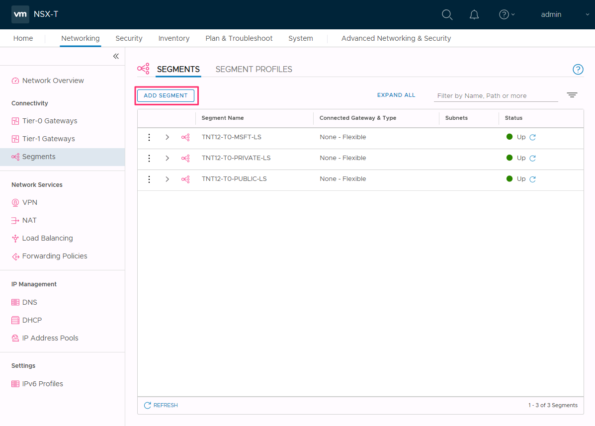 Screenshot che mostra come aggiungere un nuovo segmento in NSX Manager.