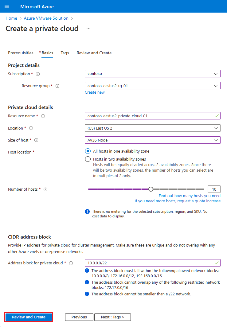 Screenshot che mostra la scheda Informazioni di base nella finestra Crea un cloud privato.