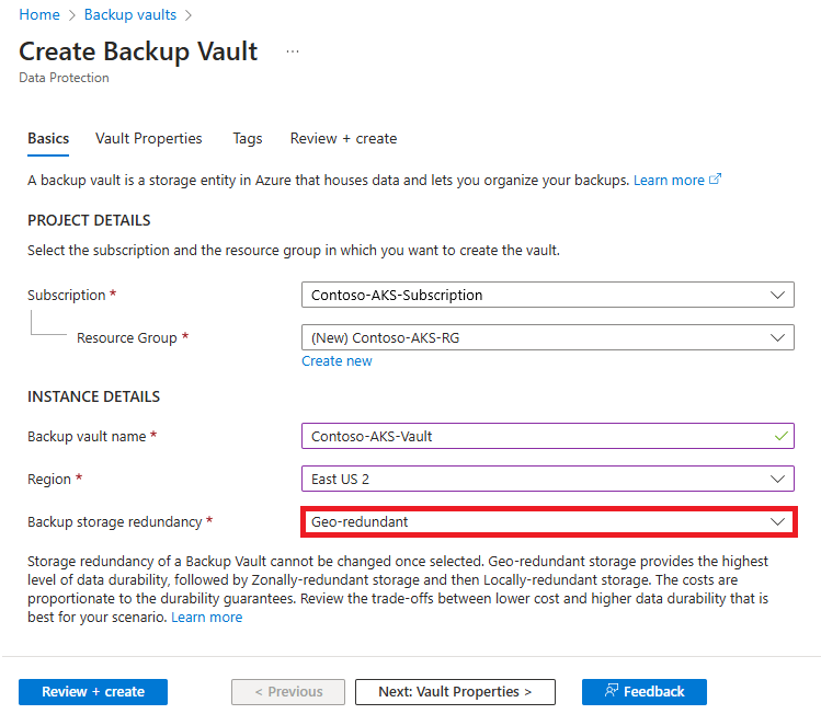 Screenshot che mostra come abilitare il parametro Ridondanza dell'archivio di backup.