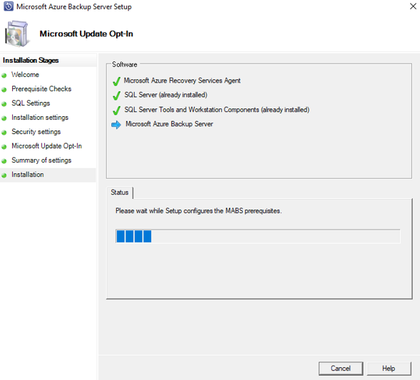 Screenshot che mostra lo stato di avanzamento dell'installazione di Backup di Azure Server.