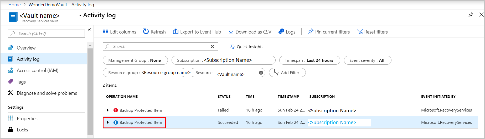 Filtro per trovare i log attività per i backup di macchine virtuali di Azure