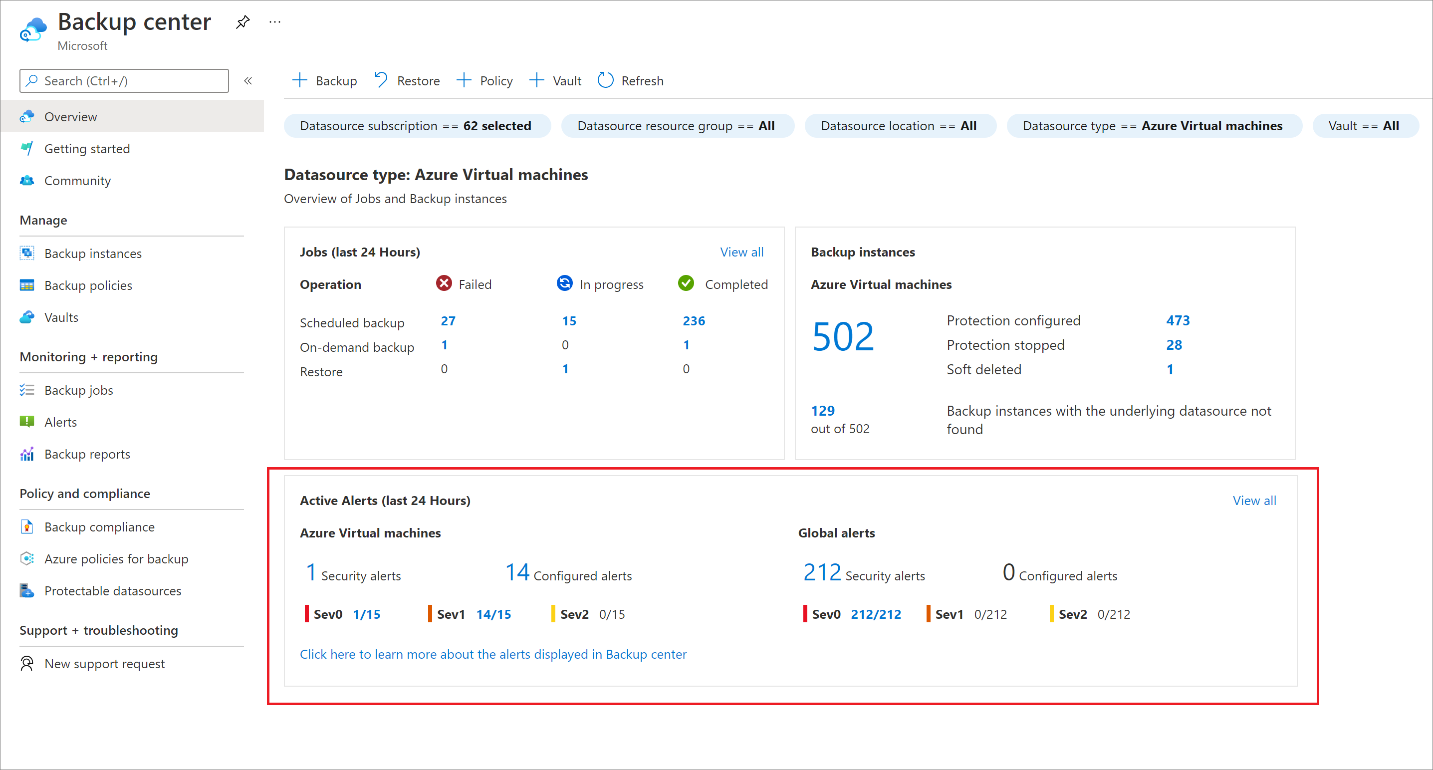 Screenshot per la visualizzazione degli avvisi nel Centro backup.